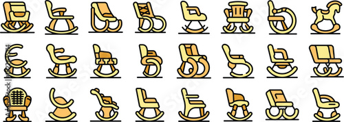 Collection of rocking chair icons in thin line style featuring various designs and types of rocking chairs