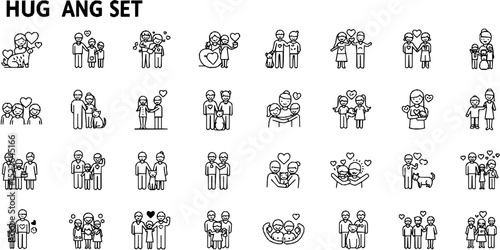 Hugs, line icon set. Vector pictograms of family, couple embraces, pet affection, symbolic support, comforting thin linear illustration.
