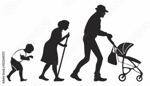 Life stages icons set – silhouette, simple and composed symbols for all ages 