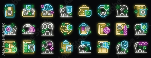 Neon icons representing various aspects of dental care, including hygiene, insurance, and treatment