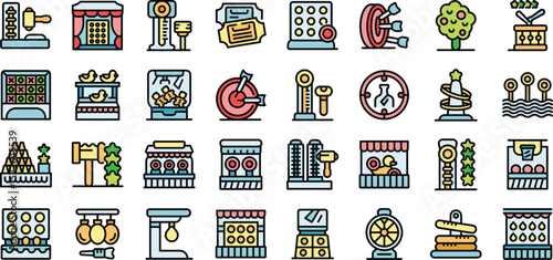 Colorful icons representing various amusement park games and activities, creating a playful and exciting atmosphere