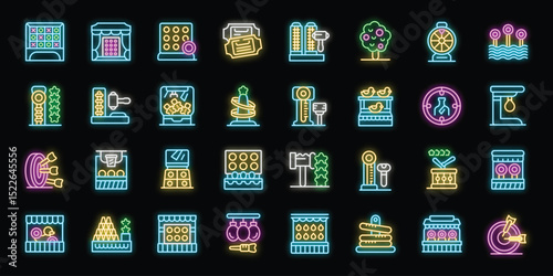 Neon icons representing various amusement park games and activities, creating a vibrant and exciting atmosphere