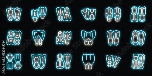 Diving flippers glowing neon icons set, collection of bright luminous symbols, isolated vector illustrations