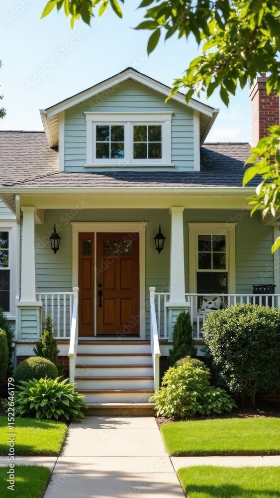 House with a blue roof and white trim. The front door is brown and has a black handle. The house has a porch with a cat sitting on it House with a blue roof and white trim. The front door is brown and has a black handle. The house has a porch with a cat sitting on it