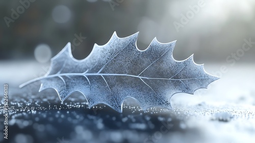 A close-up macro of a single frosted leaf on a snowy surface