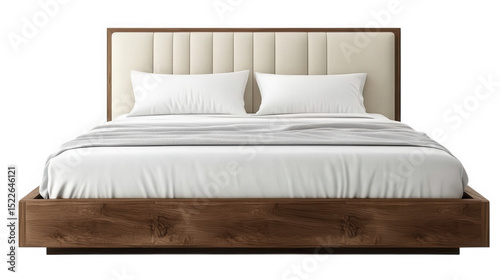 A well made bed with white sheets and pillows against a black background on transparent background