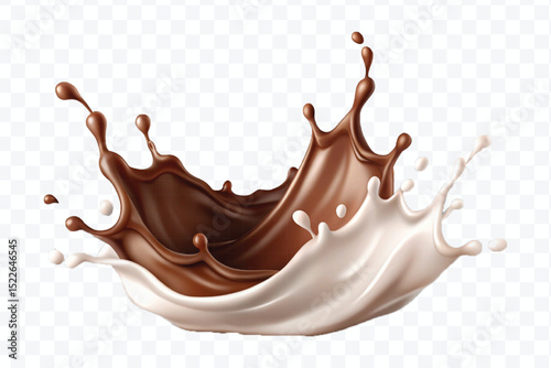 abstract 3d smooth chocolate and milk splashes in different style isolated on transparent background