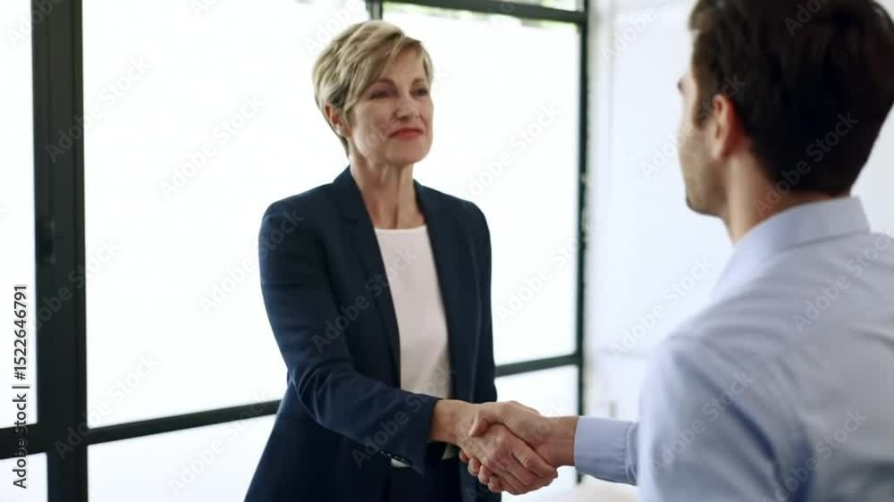 HR manager and job seeker shaking hands in a professional office setting after an interview.