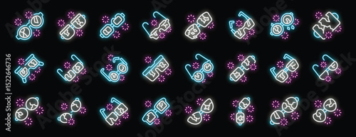 Glowing neon eyeglasses icons symbolize various types of eyewear, from vision correction to eye protection, adorned with vibrant sparks