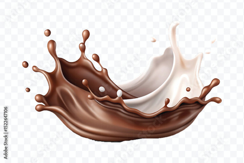 abstract 3d smooth chocolate and milk splashes in different style isolated on transparent background