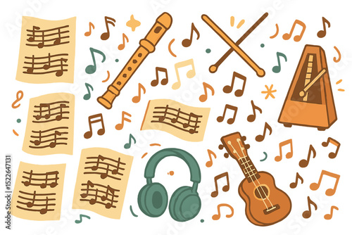 Colorful musical elements arranged with notes, instruments, and sheets in a whimsical design