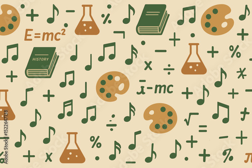 Educational symbols and elements representing science, arts, and music in a creative design