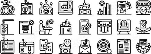 Bait hacking icons set. Various cyber security threats, phishing scams, and online vulnerabilities endangering user data and privacy