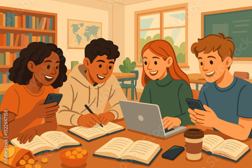 Group of students collaborating on schoolwork in a cozy study environment during the afternoon