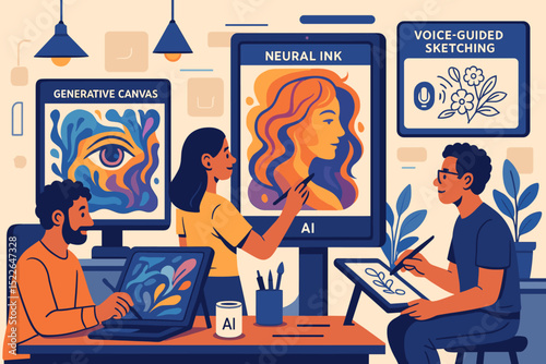 Creative collaboration during an AI art workshop featuring digital painting and sketching activities in a modern studio