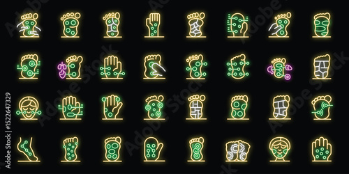 Neon icons representing reflexology, showing acupressure points on feet and hands, highlighting massage techniques and stimulation for healing