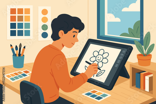 Creative individual drawing a cheerful flower on a digital tablet in a bright workspace during a sunny day