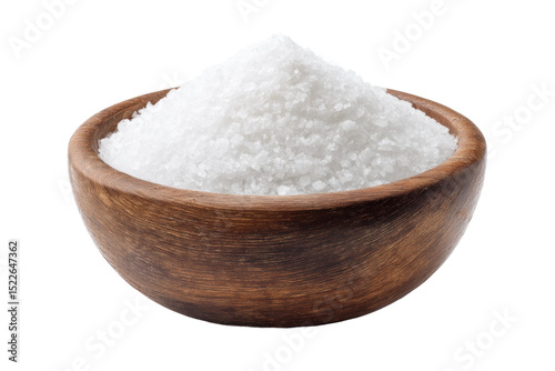 Wooden bowl filled with coarse white salt on black background, cut out