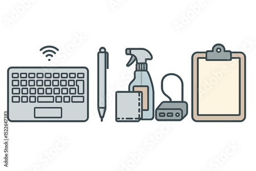 Office supplies and equipment for organized workspace in a modern environment
