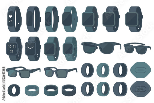 Stylish collection of modern wearable gadgets including smartwatches and fitness bands displayed on a white background