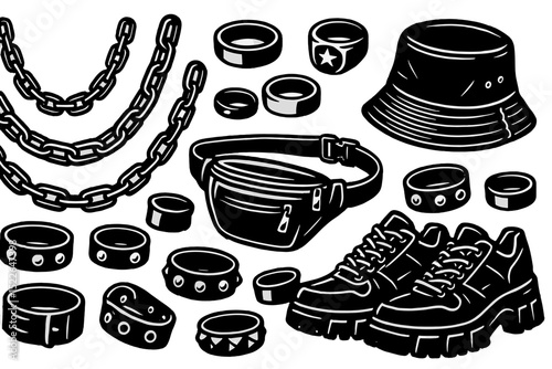 Colorful assortment of fashion accessories including rings, chains, hats, and shoes on a white background