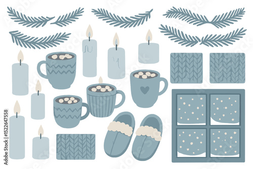 Winter cozy elements featuring mugs, candles, and decorative items for a warm atmosphere