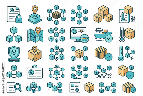 Modern icons representing logistics, supply chain, and delivery services in a vibrant color palette suitable for digital projects