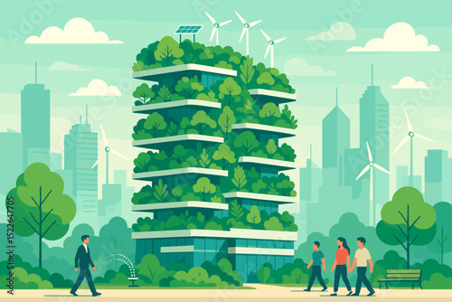 Urban nature integration showcasing sustainable architecture with greenery and renewable energy sources in a modern city environment