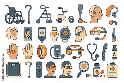 Diverse medical and assistive technology icons representing health care solutions for various needs and activities