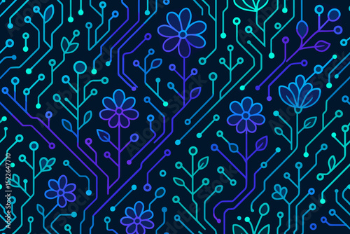 Colorful abstract design blending floral patterns with technological circuit motifs on a dark background