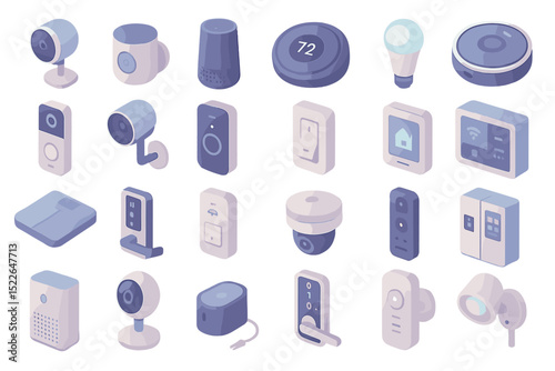 Smart home devices for modern living with an array of gadgets in different shapes and functions arranged neatly