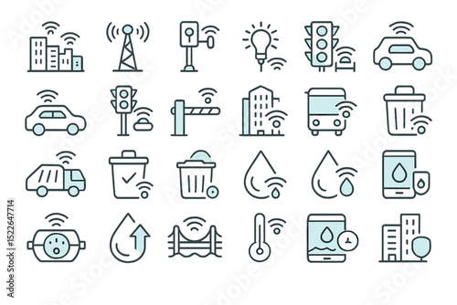 Modern urban icons representing smart city technology in a grid layout showcasing connectivity and innovation