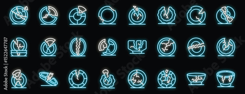 Neon icons of broken dishes, representing various states of damage and cracks, glowing brightly against a dark background
