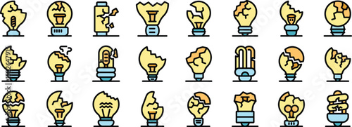 Collection of broken light bulb illustrations showcasing creative designs