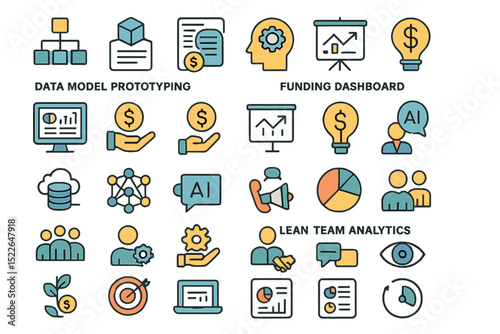 Visual representation of data model prototyping and funding dashboard activities in an office setting