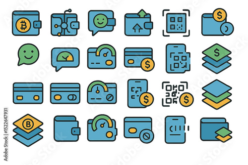 Collection of icons representing cryptocurrency, digital wallets, and financial transactions in a modern design