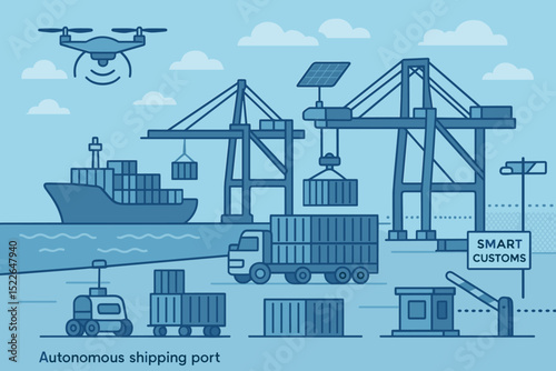 Overview of an autonomous shipping port highlighting advanced logistics technology and smart customs operations