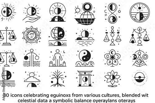 Icons celebrating equinox traditions across cultures with celestial themes showcasing balance and harmony in nature