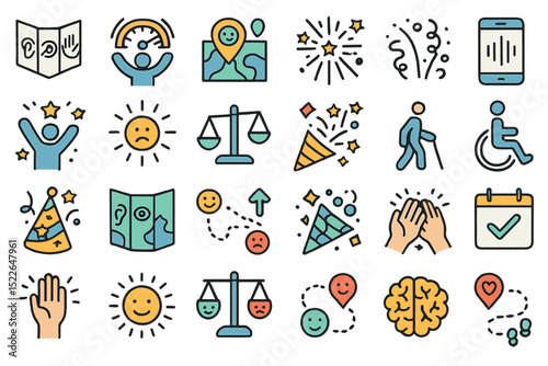 Icons representing community engagement and celebration activities in a variety of social contexts