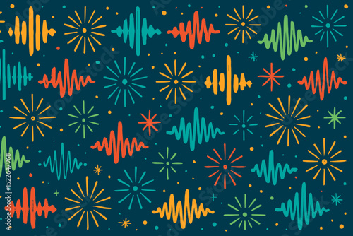 Vibrant sound waves and star patterns create a lively abstract design perfect for music lovers and creative projects