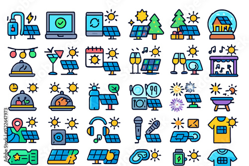Creative solar energy icons collection representing diverse activities and themes in a colorful design