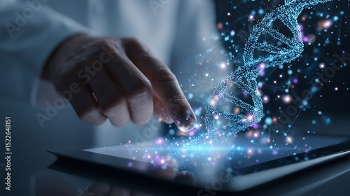 Doctor using tablet with digital medical records and dna hologram interface in modern healthcare technology concept