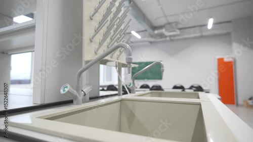 Stainless sinks installed along clean countertops. Faucets support hygiene during laboratory exercises. Sanitary practices among students