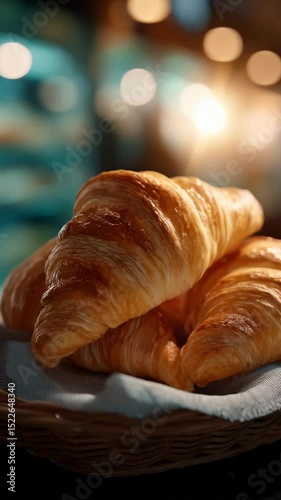Golden brown croissants in a wicker basket, soft lighting, baked pastry treat ready to eat, delicious continental breakfast food