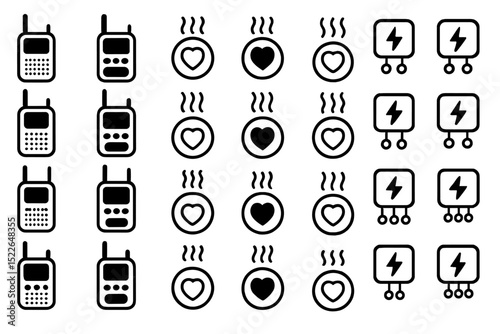 Icons representing communication devices, emotions, and power symbols arranged in a symmetrical grid layout