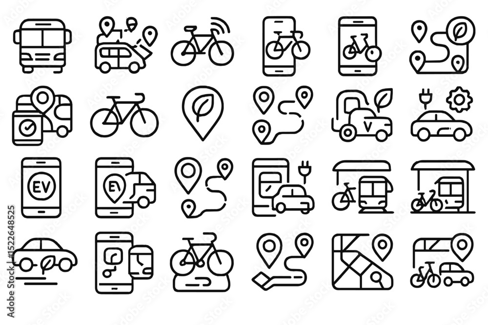 Transportation icons representing various modes and technologies in urban planning and travel