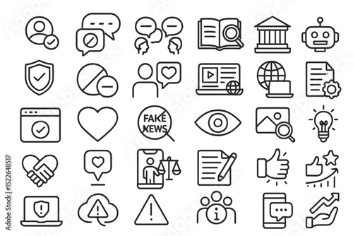 Icons illustrating concepts of communication, technology, and social interaction in a digital environment