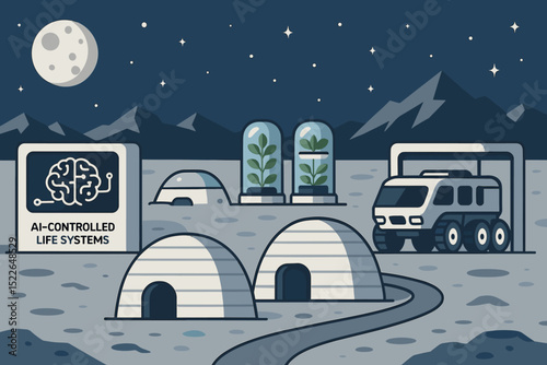 Futuristic lunar base showcases AI-controlled life systems with greenhouses and habitat modules beneath a starry sky