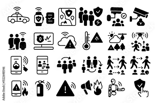 Collection of emergency response symbols and icons for safety awareness and preparedness in various situations