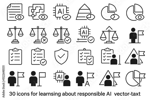 Collection of minimalist icons for understanding responsible artificial intelligence principles in various contexts